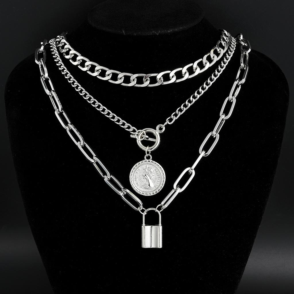 Women Three Layer Necklace Set, Embossed Round Coin Pendant OT Clasp Necklace, Luxury European Style Stackable Neck Jewelry