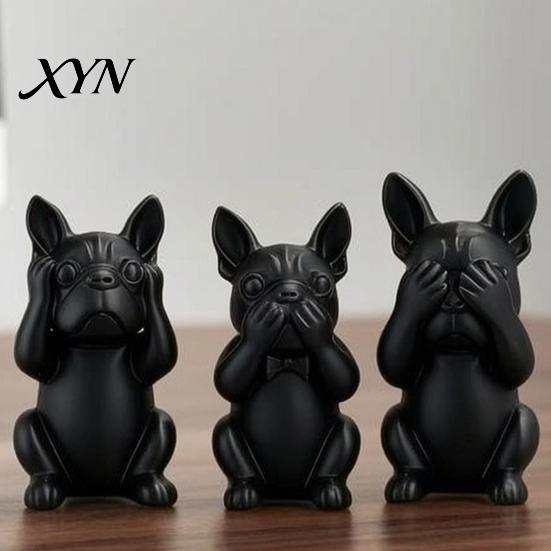 French Bulldog Desk Ornament 3D Printed Statues Set of 3, Matte Black Sculpture, Minimalist Bull Dog One-piece Molded Figure Figurines for Home