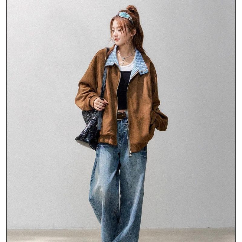 Autumn Loose Plaid  Patchwork Coat Womens Casual Baseball Jacket Stylish Outerwear