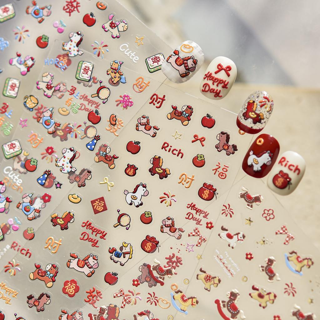 2026 Year of the Horse Nail Stickers Lovely Pony Bowknot Firework Flower Self-Adhesive Manicure Decals DIY New Year Decor