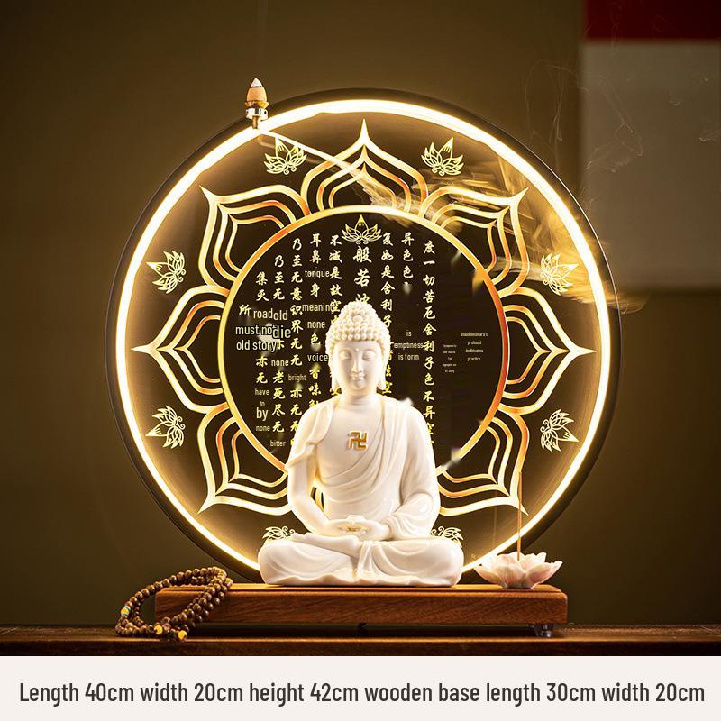 Keramik Shakyamuni Buddha Statue - Wohnzimmer Kunstwerk mit den Drei Heiligen und Lichtkreis Design