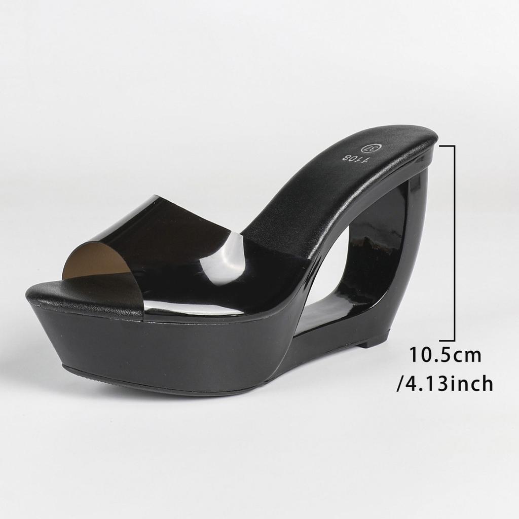Women's Black Peep Toe Mule Sandals, Patent Leather High Heel Slip On Slippers, Platform Waterproof Backless Dress Party Shoes