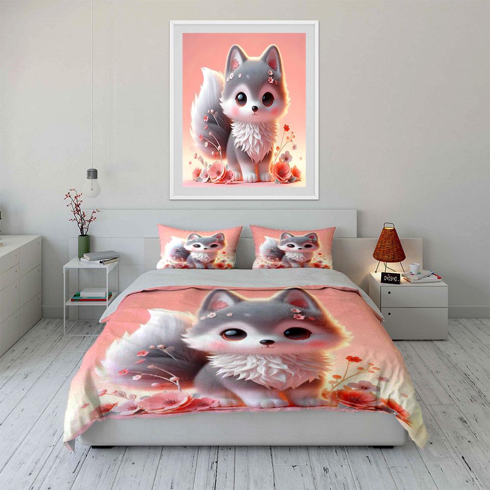 Adorable Fox-Themed Pink Floral Set Exquisite Three-Piece Bedding Set Gift For Kids And Adults