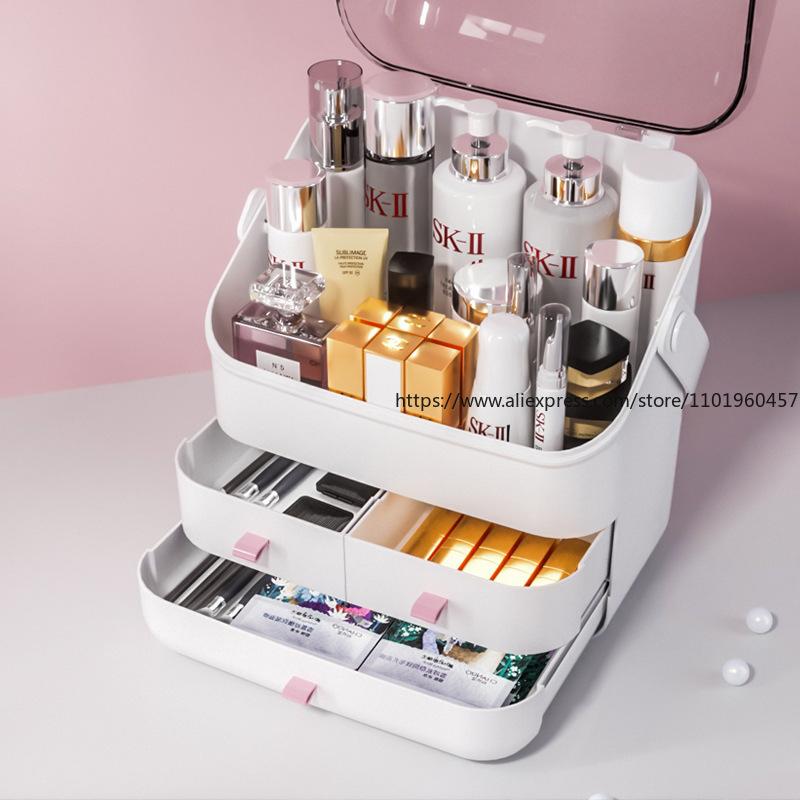 Multi-Functional Transparent Cosmetic Storage Box Handheld Drawer Organizer with Dividers Home Vanity Skincare Case