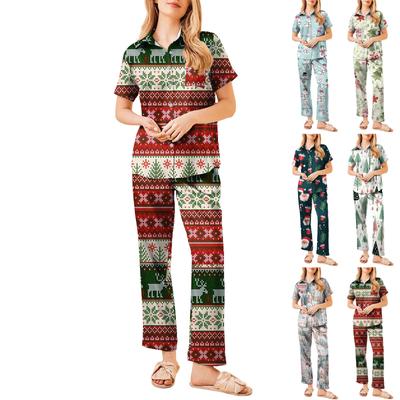 Women's Christmas Print Pajama Set Women's Short Sleeve Long Pants Two-piece Set Button-up Home Clothes
