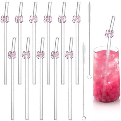 12 Pieces Reusable Glass Straws With Pink Bow Eco-Friendly Glass Straws Shatter Resistant Cute Bend Drinking Straws With 2 Clean