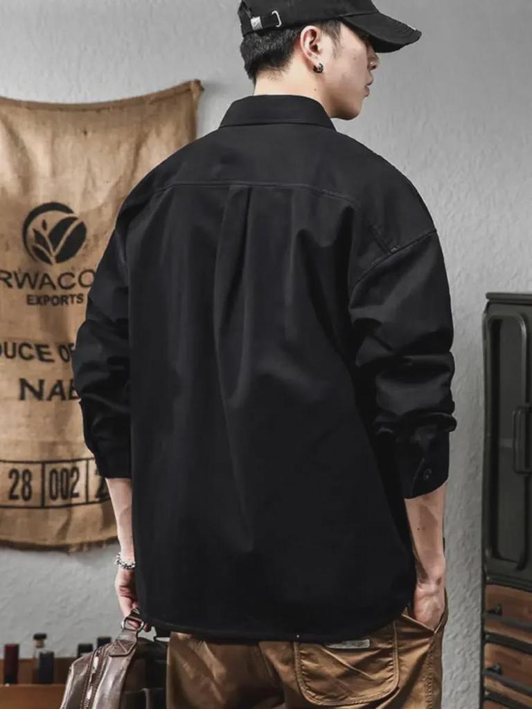 Men's American Retro Black Heavy Workwear Shirt - Spring & Autumn Fashion Jacket
