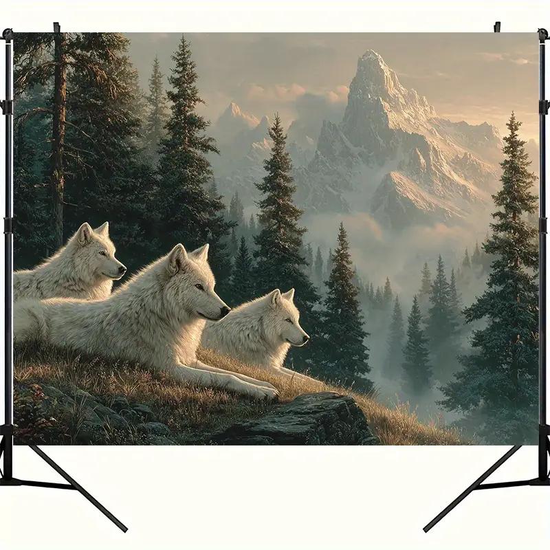 White Wolves Mountain Forest Wall Tapestry 2D Flat Printing Wildlife Art Nature Decor Home Interior Design Living Room Wallpaper