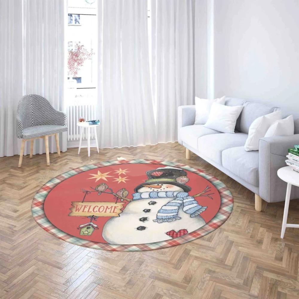 Christmas Round Carpet Mat Rug Snowman Santa Sleigh Home Decoration Holiday Living Room Floor Mat with Happy Holidays Greeting