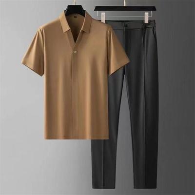 Summer Ultra-thin Silk Skating Silk High-end Seamless Laminated Short-sleeved Shirt Suit Men's Business Leisure Sports Two-piece Suit