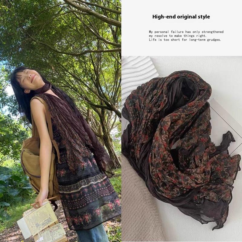 Retro Ethnic Style Warm Scarf Women Cotton Linen Floral Crumpled Pleated Scarf All-Match Long Folds Shawl  Headscarf Gift