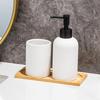 3PCS Ceramic Liquid Soap Dispenser with Storage Wood Tray Toothbrush Cup for Household Bathroom Organizing Essential