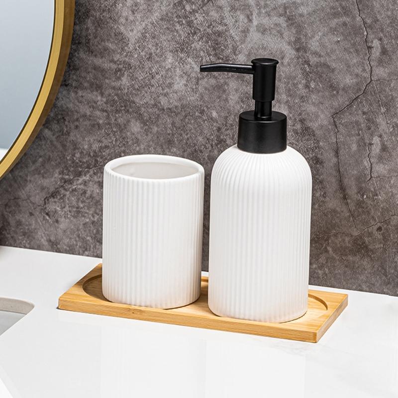 3PCS Ceramic Liquid Soap Dispenser with Storage Wood Tray Toothbrush Cup for Household Bathroom Organizing Essential