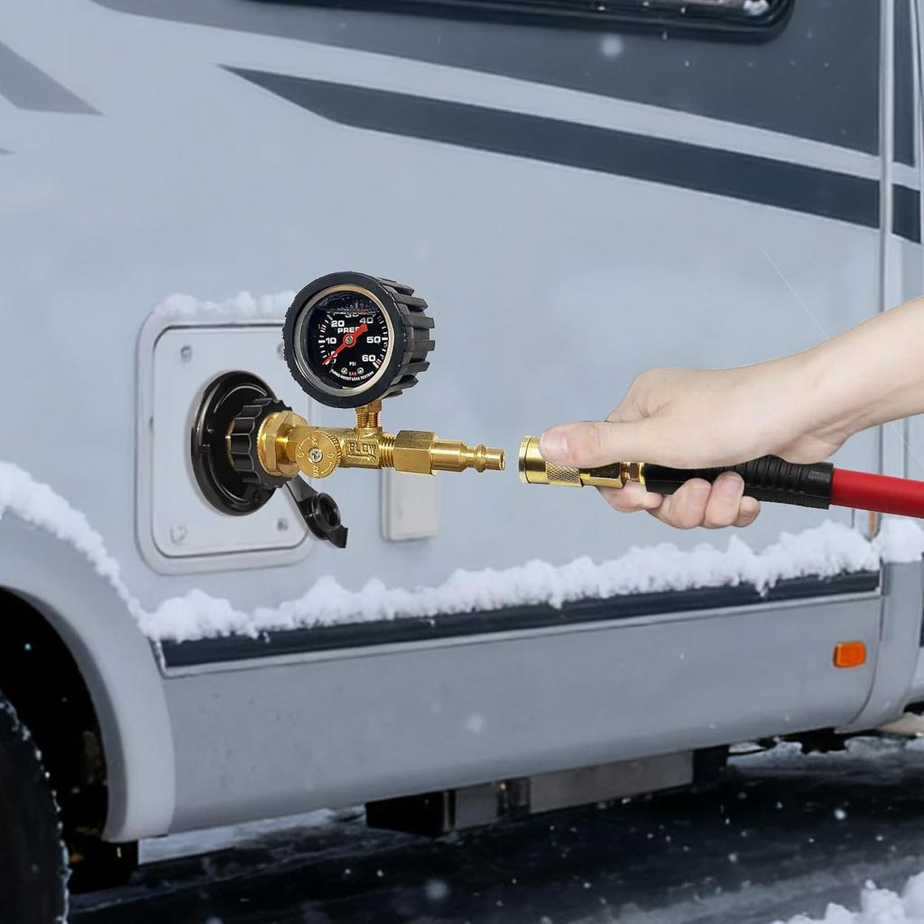 Upgraded RV Winterize Blowout Adapter With Oil Pressure Gauge Brass Sprinkler Water Blow Out Winterization Plug Winterizing Kit For Camper Boat