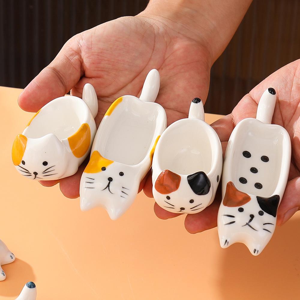 Creative Cartoon Ceramic Taste Plate Household Cute Kitten Dipping Plate Chopstick Rack Spoon Holder Hot Pot Sauce Plate Vinegar Plate