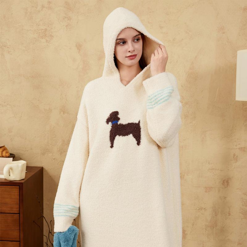 Lazy wind half-edge velvet nightgown women's autumn and winter Korea loose and thin long nightgown over knee cover soft pajamas