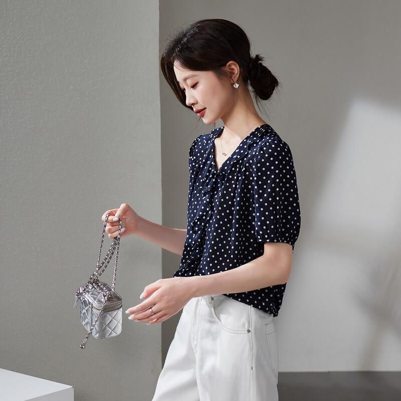 SOFSIL 2026 Summer Print V-Neck Silk Short Sleeve Blouse L
