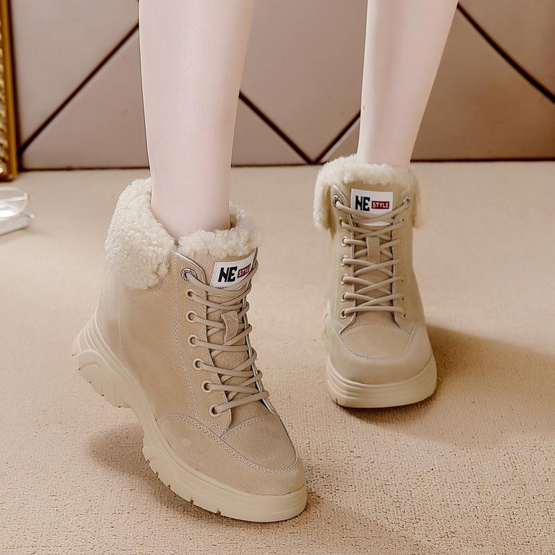 Höhenverstellende Kurzstiefel für Herbst und Winter, thermische Baumwollstiefel aus Samt, Schnürstiefel mit dicker Sohle, vielseitige Martin-Stiefel für Damen