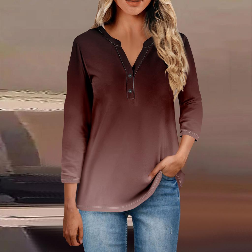 Women's Button Neck Tops Women's Casual Everyday Tops 3/4 Sleeve V Neck Fashion Print Shirt Tops Pocket Tee Sweatshirts