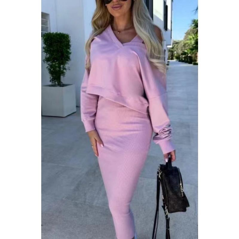 Spring and Autumn Women's Vest Dress V-Neck Long Sleeve Sweatshirt Knitwear Skirt Suit