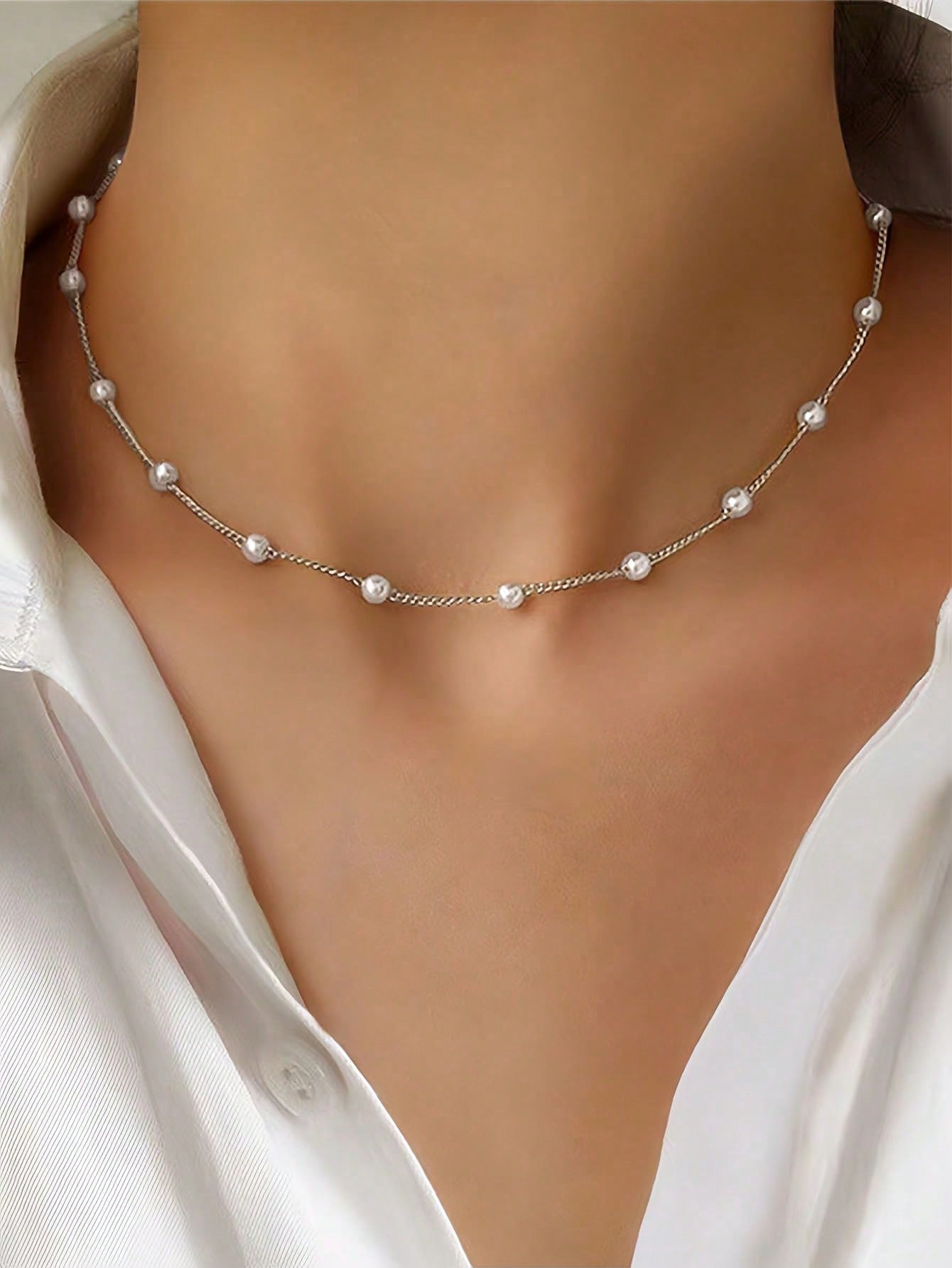 

1pc Pearl Necklace Fashionable Collarbone Chain срібний