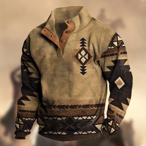 Men's Denim Christmas Ethnic-Style Distressed Print Henley Long-Sleeved Stand-Collar Sweatshirt