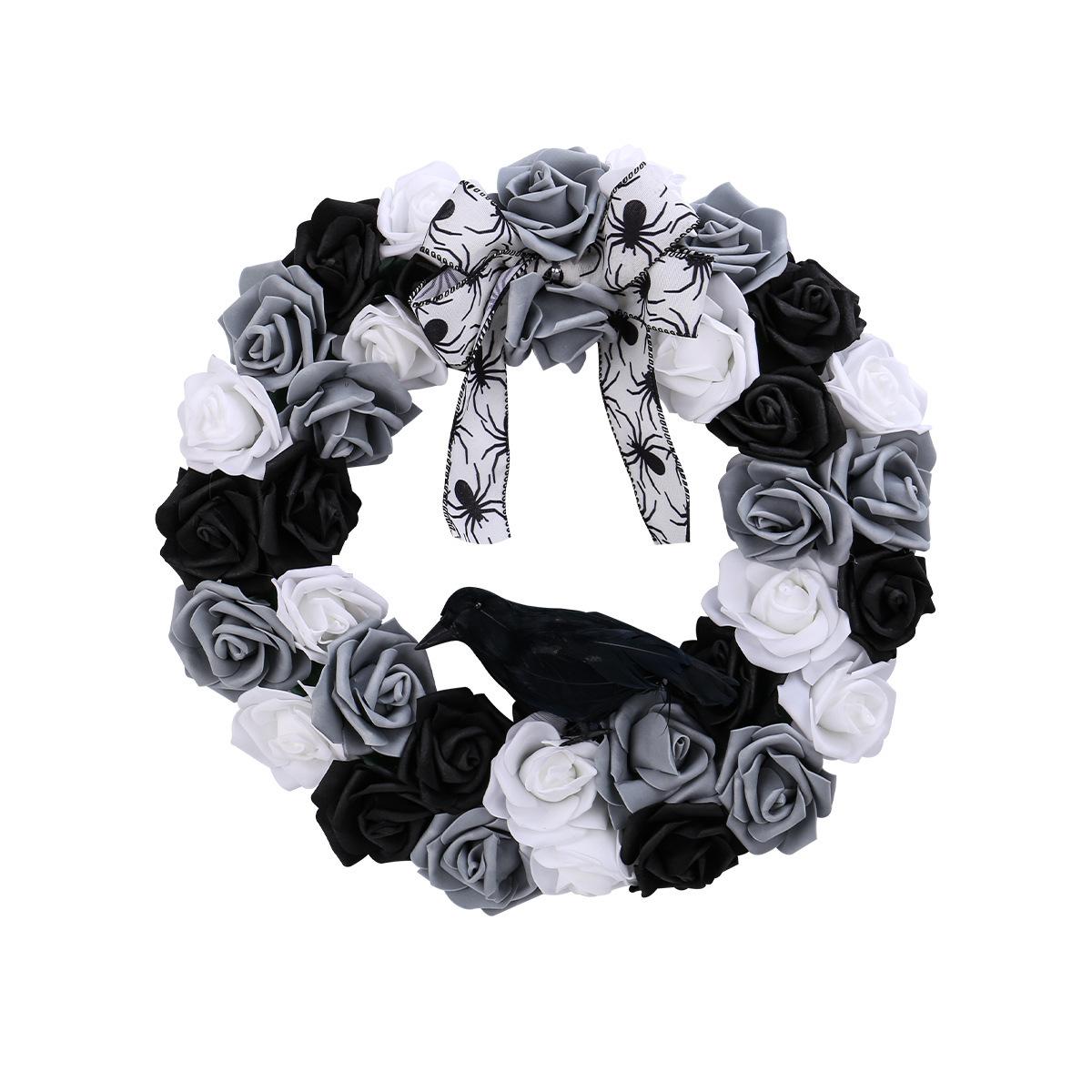 Cross-border Black and White Rose Crow Wreath Halloween Party Horror Decoration Artificial Vine Circle Prop Door Hanging Standard