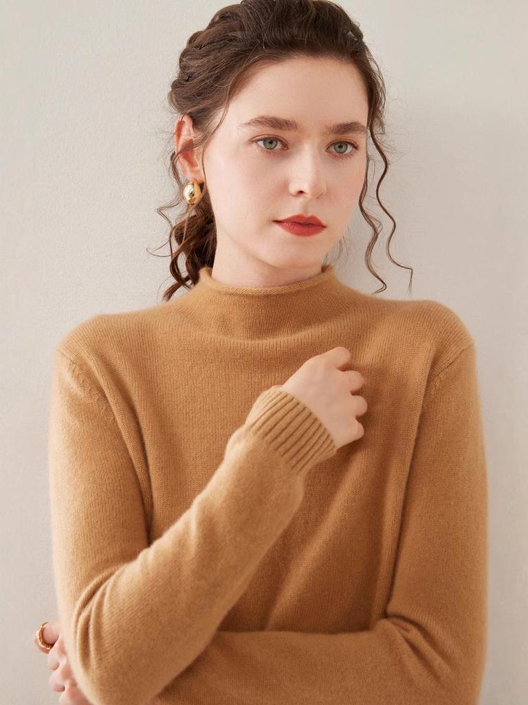 Women's Wool Blend Half-High Neck Knit Sweater - Fashionable Thickened Pullover for Autumn/Winter