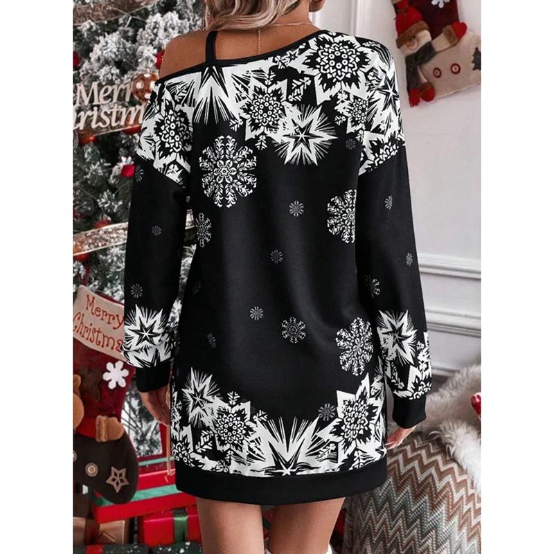 Winter Long Sleeve Loose Print Christmas Party Dress Women Elegant Skew Collar Red Casual Dresses Women Vintage Fashion Thin Sexy Short Dress 25873