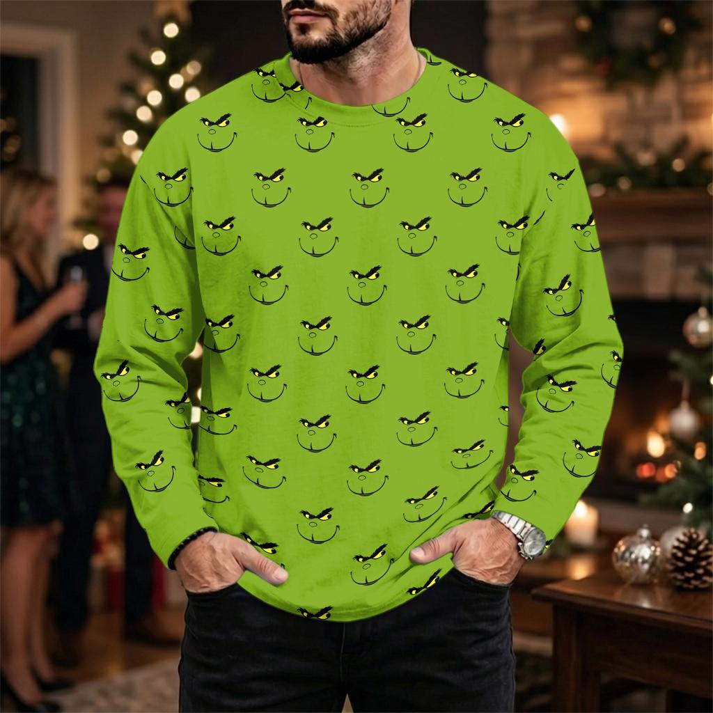 Tricou Casual Bărbați cu Mânecă Lungă, Croială Largă, Gât Rotund, cu Imprimeu de Crăciun pentru Toamnă Iarnă