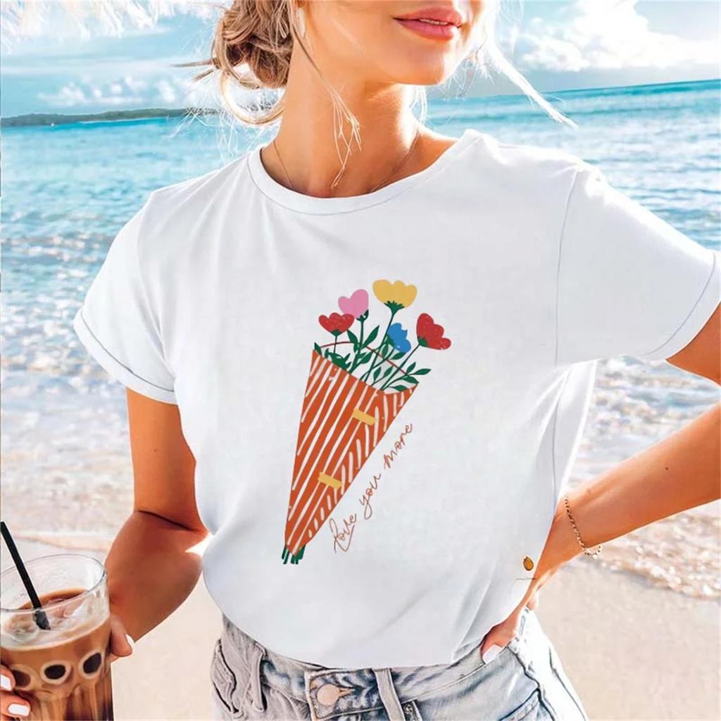 Women's Top Fashion Flower Printed T-Shirt Casual Short Sleeve Aesthetic Clothing Regular Women's Travel Holiday Cartoon T-Shirt