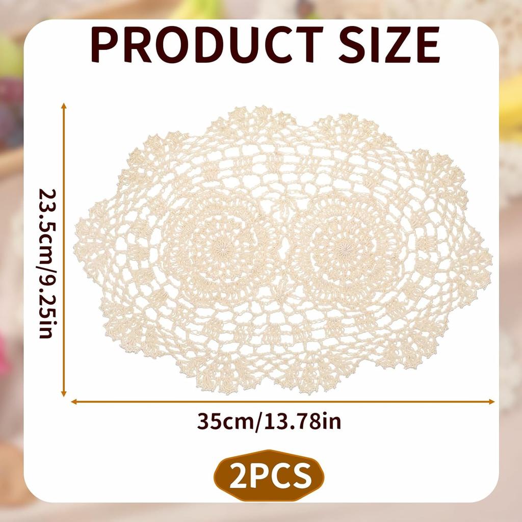 2-Pack Vintage Lace Placemats - 10x14 Inch French Crochet Lace Doilies, Handmade Embroidered Oval Table Mats for Dining, Tea Party, Wedding Decor,
