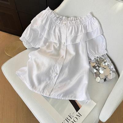 One-word Collar Temperament Versatile Women 2025 Summer New Ruffle Edge Thin Beautiful Shirt Chic Shoulder Top