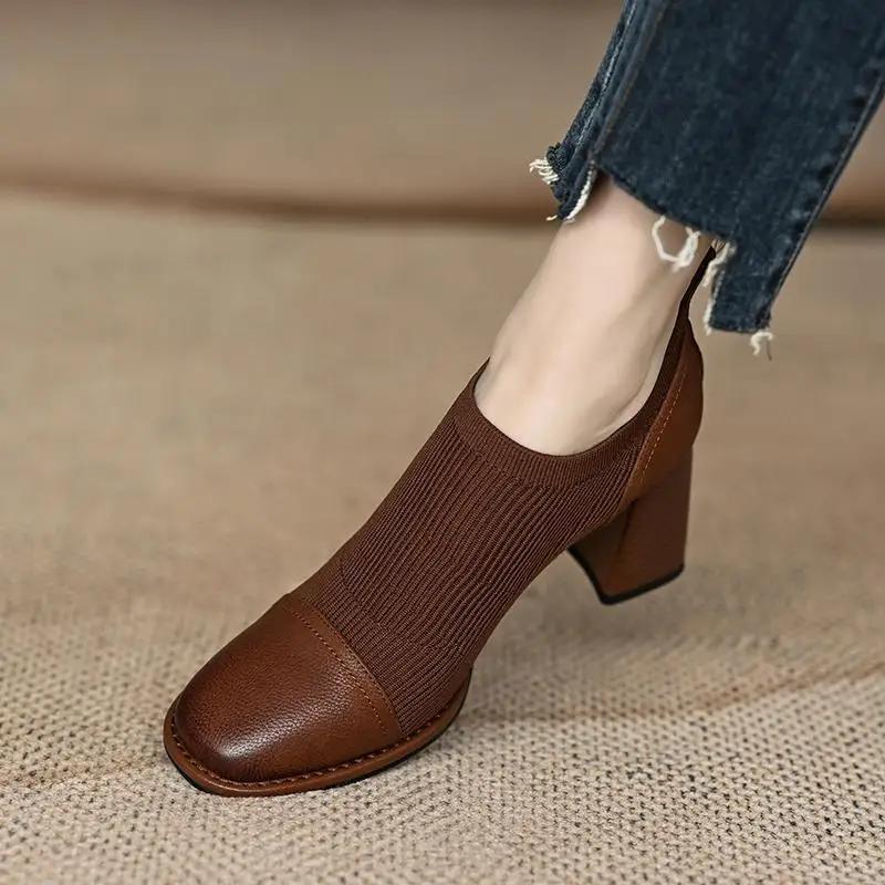 Mode Retro Gespleißte High Heels Damen 2024 Herbst Gestrickt Gespleißte Quadratköpfige High Heels Pendler Damenschuhe Zapatos Mujer Traf