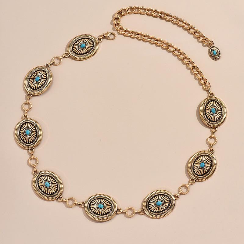 

Vintage Style Ladies Waist Chain With Turquoise Inlay And Antique Finish For Daily Fashion Gold