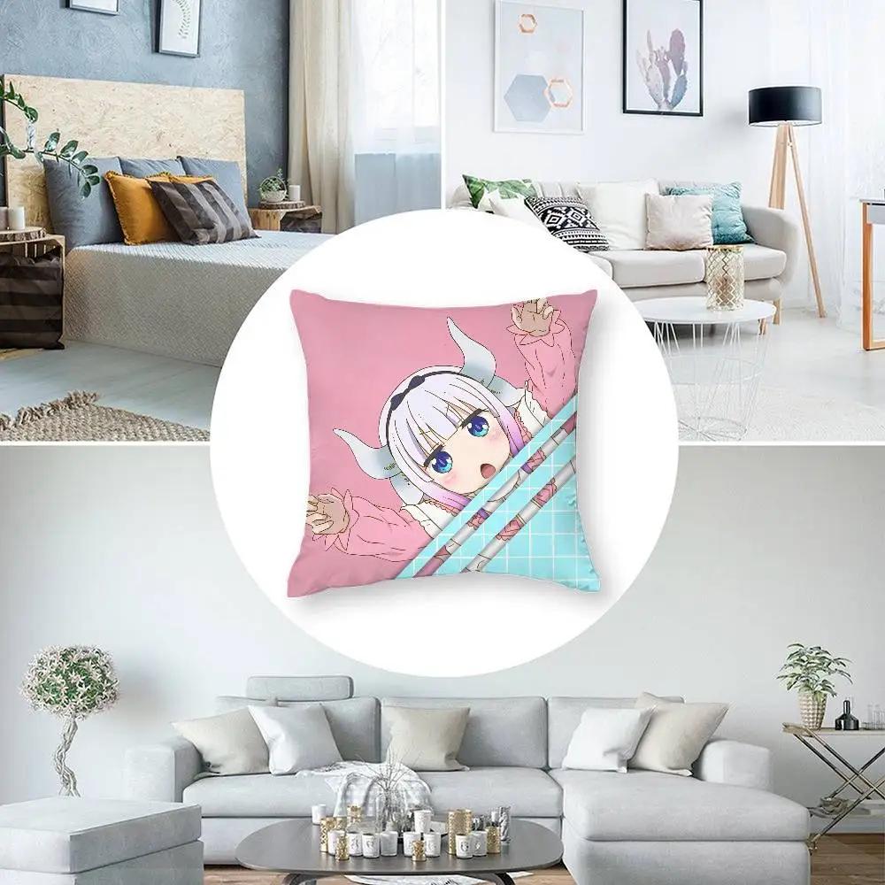 Anime Miss Kobayashis Dragon Kobayashi Kanna Pillow Case Square Double‑Sided Print Cushion Case For Sofa Home Bedchamber Decor