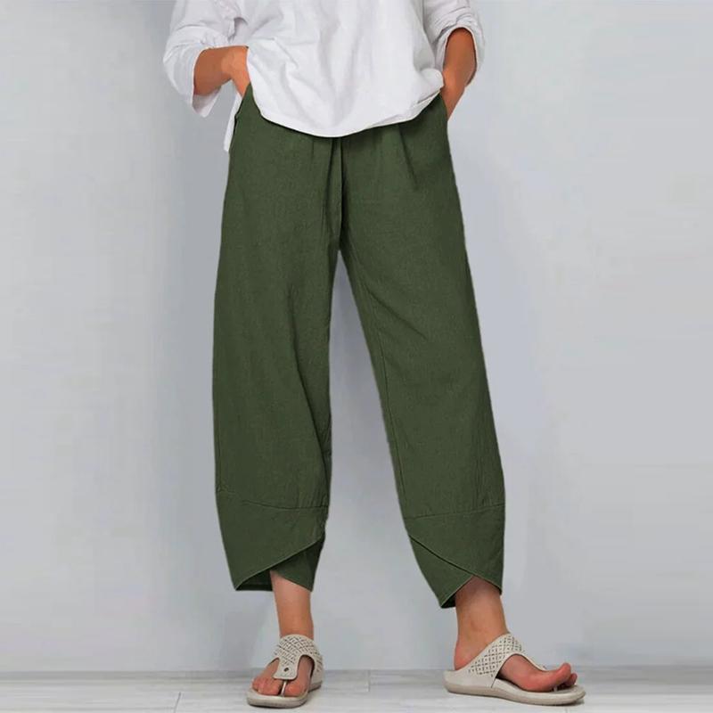 Women's Solid Color Loose Casual Cotton and Linen Elastic Waist Pants Cropped Pants Wide-leg Pants