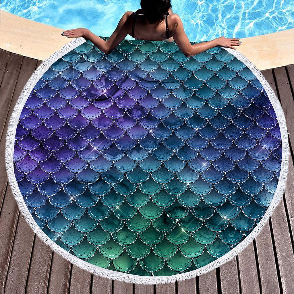Mermaid Scales Round Beach Towel Circle Beach Blanket Soft Polyester Pool Towels Absorbent Quick Dry Sand Free Picnic Yoga Mat