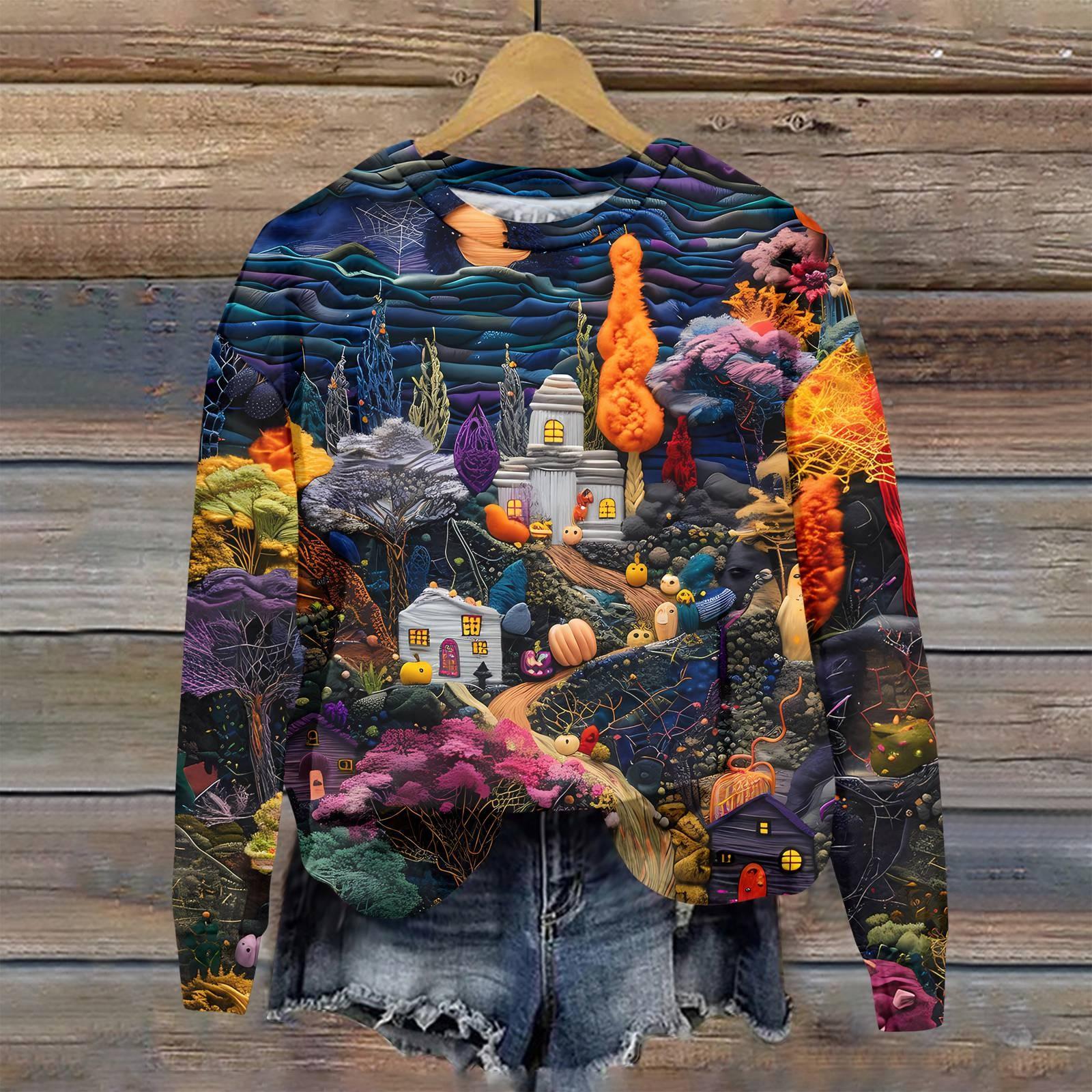 

Жіночий модний повсякденний худі з довгим рукавом, з принтом на Хелловін та круглим вирізом XL Темно-синій