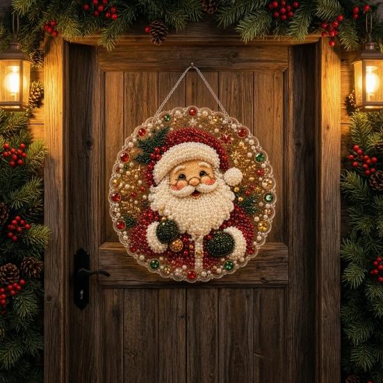 Holiday Celebration Party Supplies Christmas DIY Faux Diamond Painting Hanging, Santa Wreath Acrylic Pendant, Pearl Hanging Ornaments Beads Craft Kit