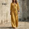 V Neck Lace Dress Women V-Neck for Fall, 3/4 Sleeves Maxi with Three Quarter Sleeve Belt, Solid Color Loose Casual Long Vacation Daily Wear Versatile