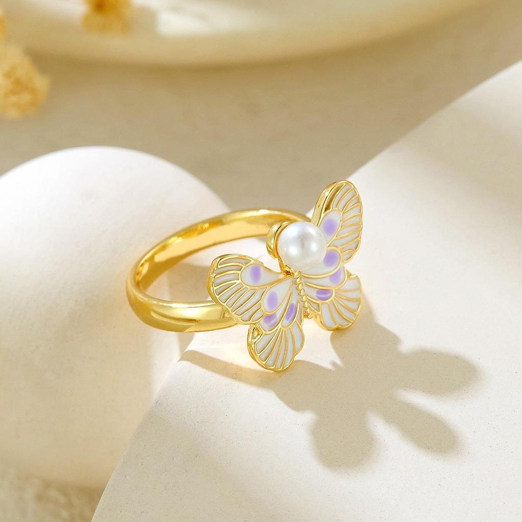 Adjustable Painted Enamel Butterfly Ring with Copper, Micro-inlaid Pearl, European American Style, Women's Fashion.