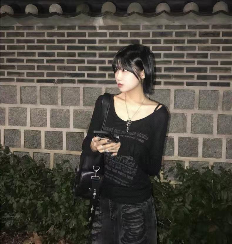 New Style American Spicy Girl Letter Print Sheer Long Sleeve T-shirt