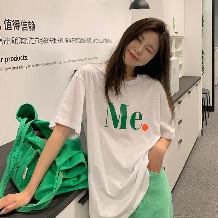 

Pure cotton, summer new loose casual contrasting color letter printing medium and long short-sleeved t-shirt women s tide M белый
