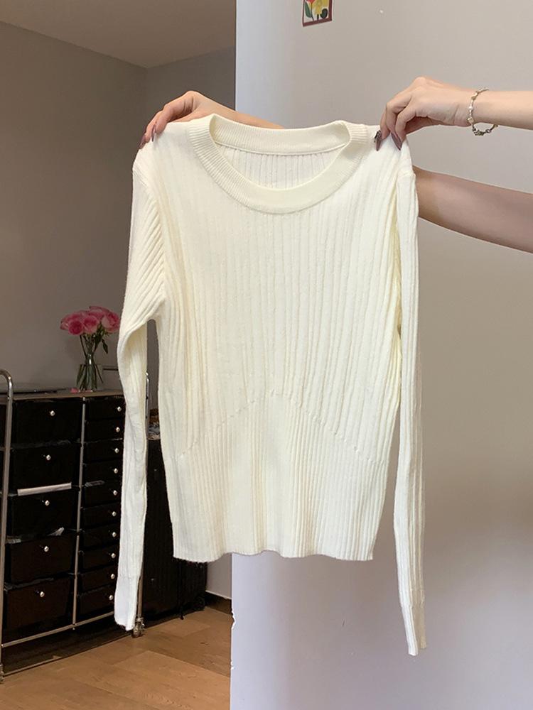 Pit strip crew neck sweater women's spring new thickened slim fit with knitted bottoming shirt short top