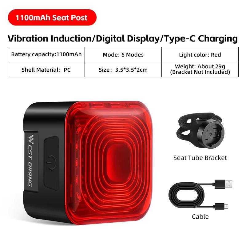 WEST BIKING Bicycle Rear Light Intelligent Brake Sensing Taillights High Visibility Type-C Rechargeable Bike LED Rear Light2