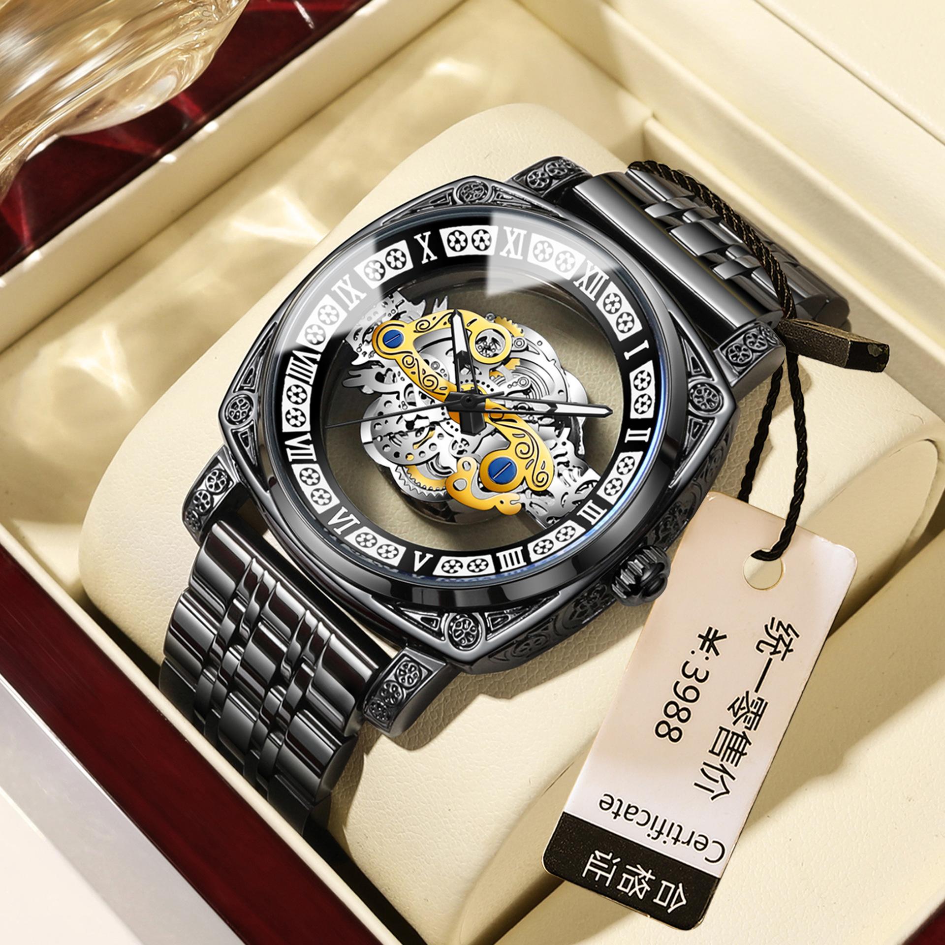 

Men Watch Sports Retro Carved Genuine Leather Stainless Steel Tourbillon Waterproof Hollow Out Male Fashion Quartz Watches gift чорний