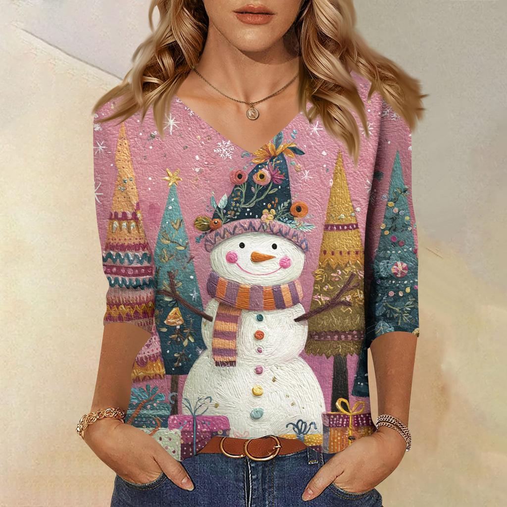 3/4 Sleeve Shirts For Women Print Christmas Tees Blouses Casual Plus Size Basic Tops Pullover