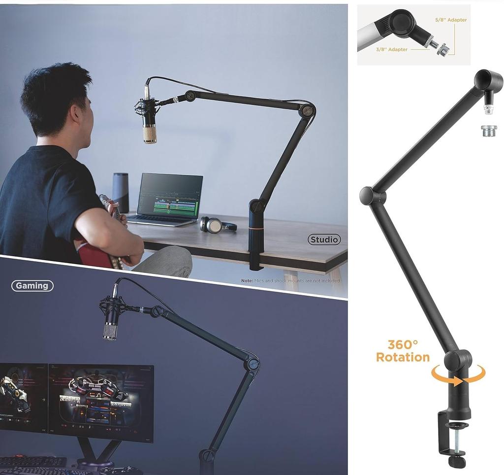 LogiLink Microphone Arm 3/8" & 5/8" Desktop Microphone Stand Scissor 360° Streaming Podcast Gaming