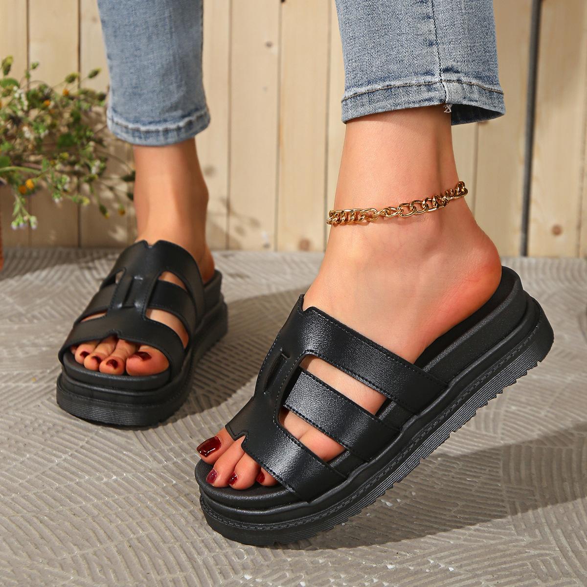 

Летние плетеные римские тапочки с толстой подошвой, одно слово, крутые женские тапочки, верхняя одежда 2025 года, новые повседневные пляжные тапочки большого размера 43 чёрный